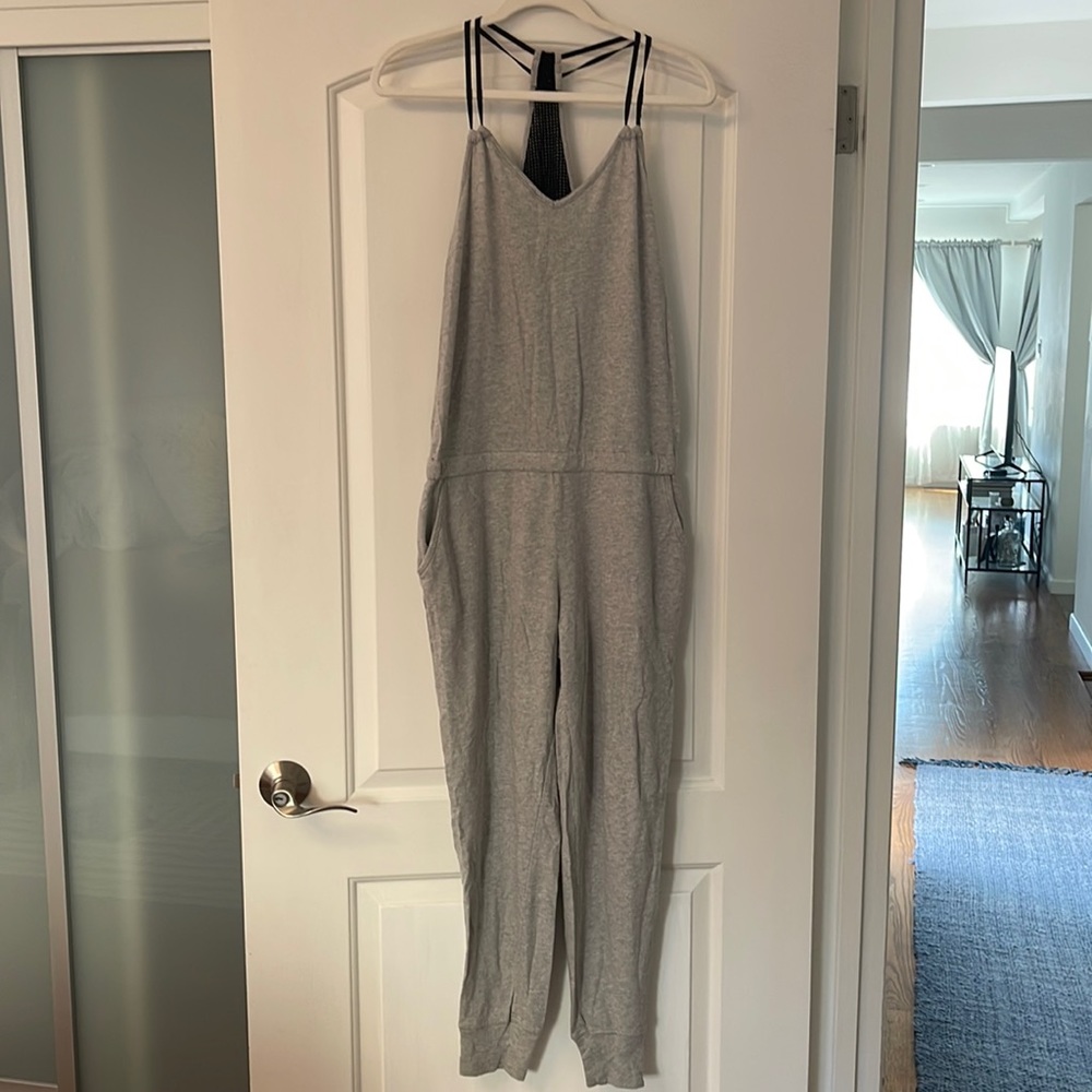 Gray and black sweatpants jogger jumpsuit
